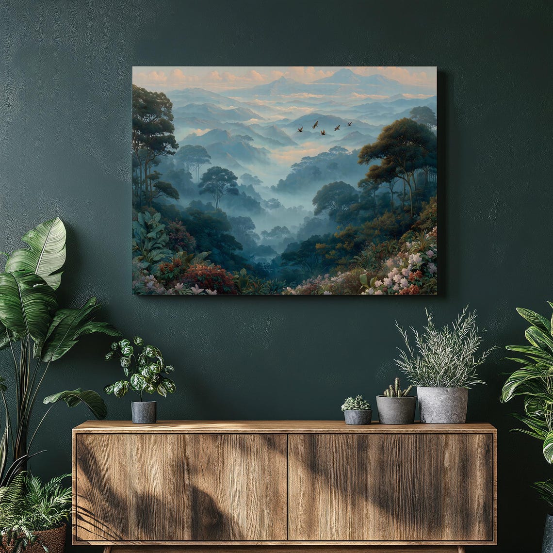 Misty Tropical Forest Canvas Wall Art Lush Jungle Landscape Print Birds In Flight Mountains Botanical Painting Nature Decor Gift