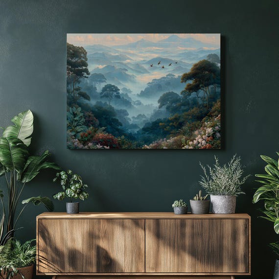 Misty Tropical Forest Canvas Wall Art Lush Jungle Landscape Print Birds In Flight Mountains Botanical Painting Nature Decor Gift