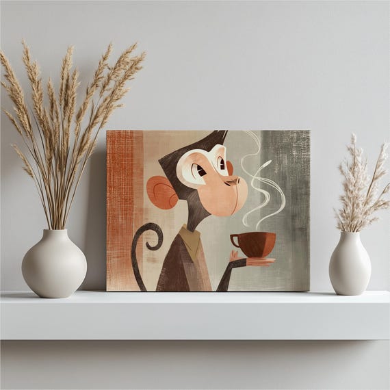 Retro Monkey Coffee Canvas Wall Art Mid Century Modern Animal Print Primate Decor Gift Painting Cute Barista Artwork Lovers