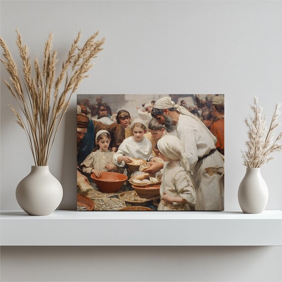 Loaves and Fishes Jesus Miracle Biblical Scene Painting Wall Poster