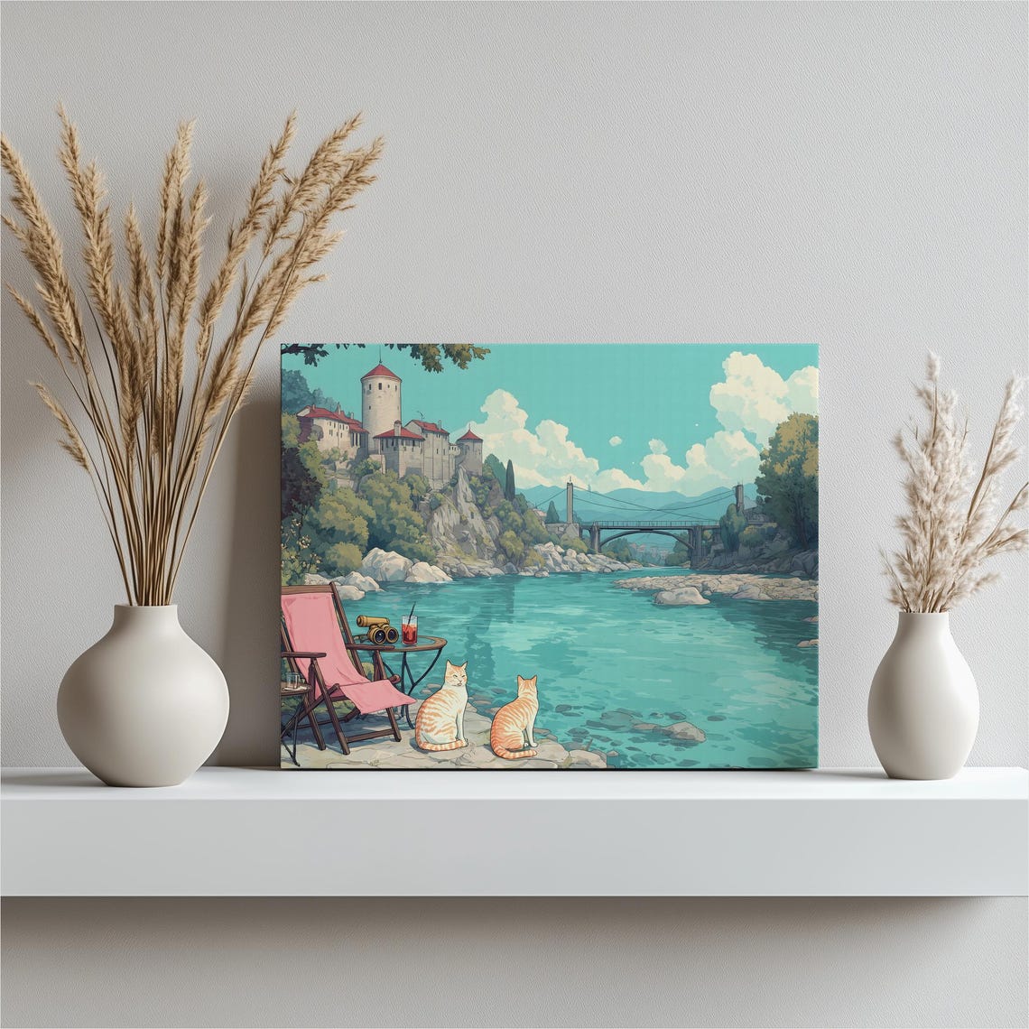Two Cats by Turquoise River with Castle Whimsical Travel Poster