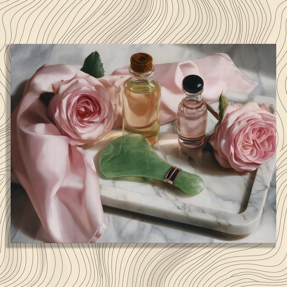 Pink Rose Spa Still Life Poster Oils Marble Tray Elegant Floral Art