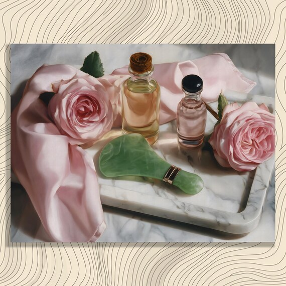 Pink Rose Spa Still Life Poster Oils Marble Tray Elegant Floral Art