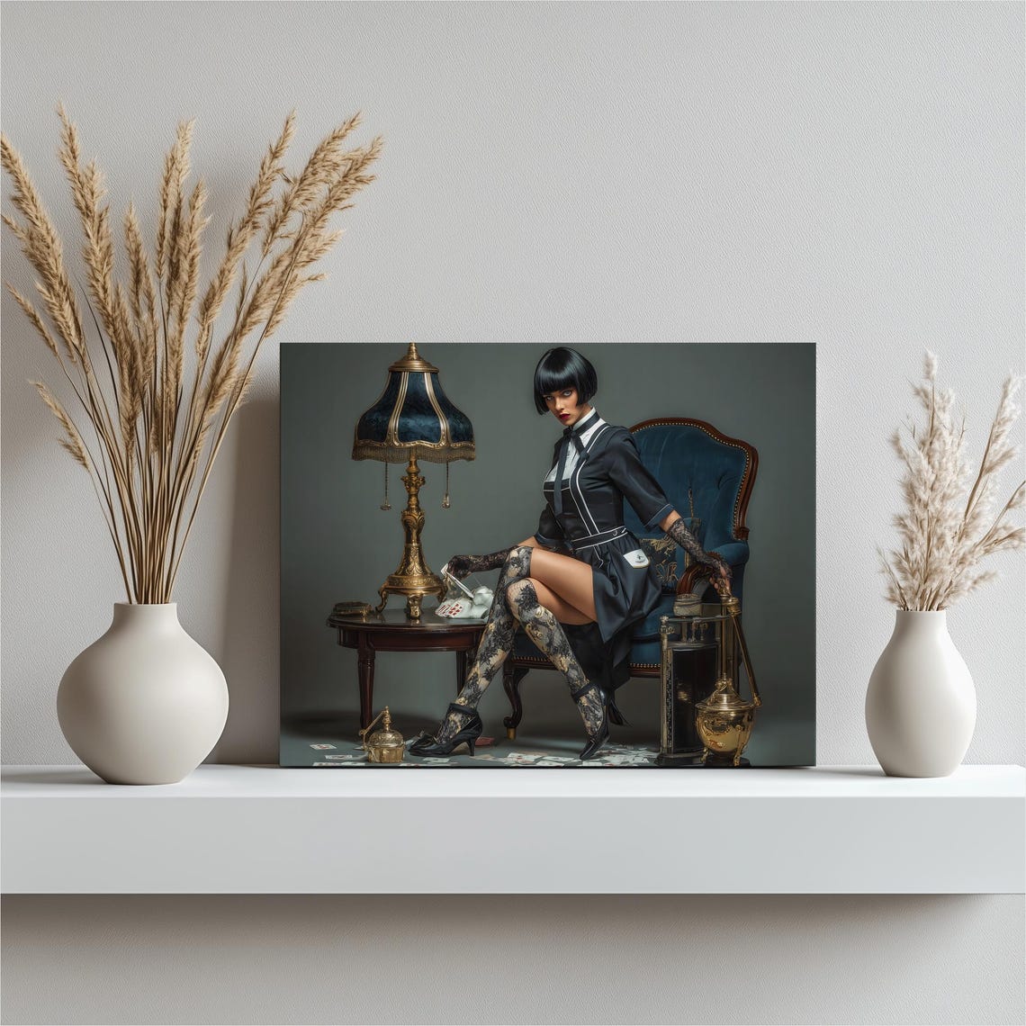 Dark Portrait Canvas Wall Art Neo Noir Playing Cards Woman In Lace Stockings On Velvet Chair With Vintage Lamp Black Gold Print