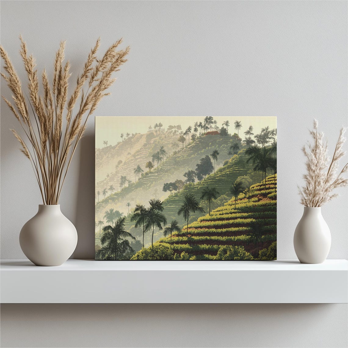 Tropical Plantation Terraces Palm Tree Misty Hillside Art Poster