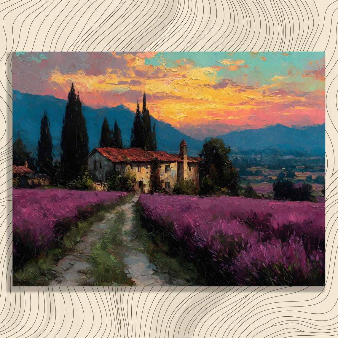 Lavender Field Farmhouse Sunset Impressionist Landscape Art Poster