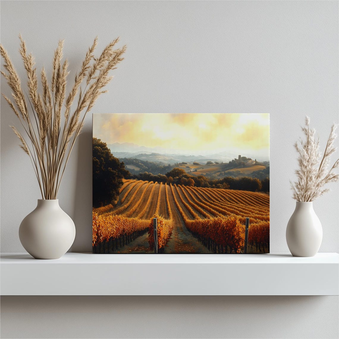 Tuscan Vineyard Golden Sunset Rows Rolling Hills Landscape Print