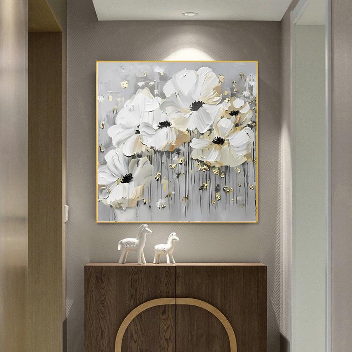 White Anemone Flowers With Gold Leaf Accents on Gray Wall Art - Image 4