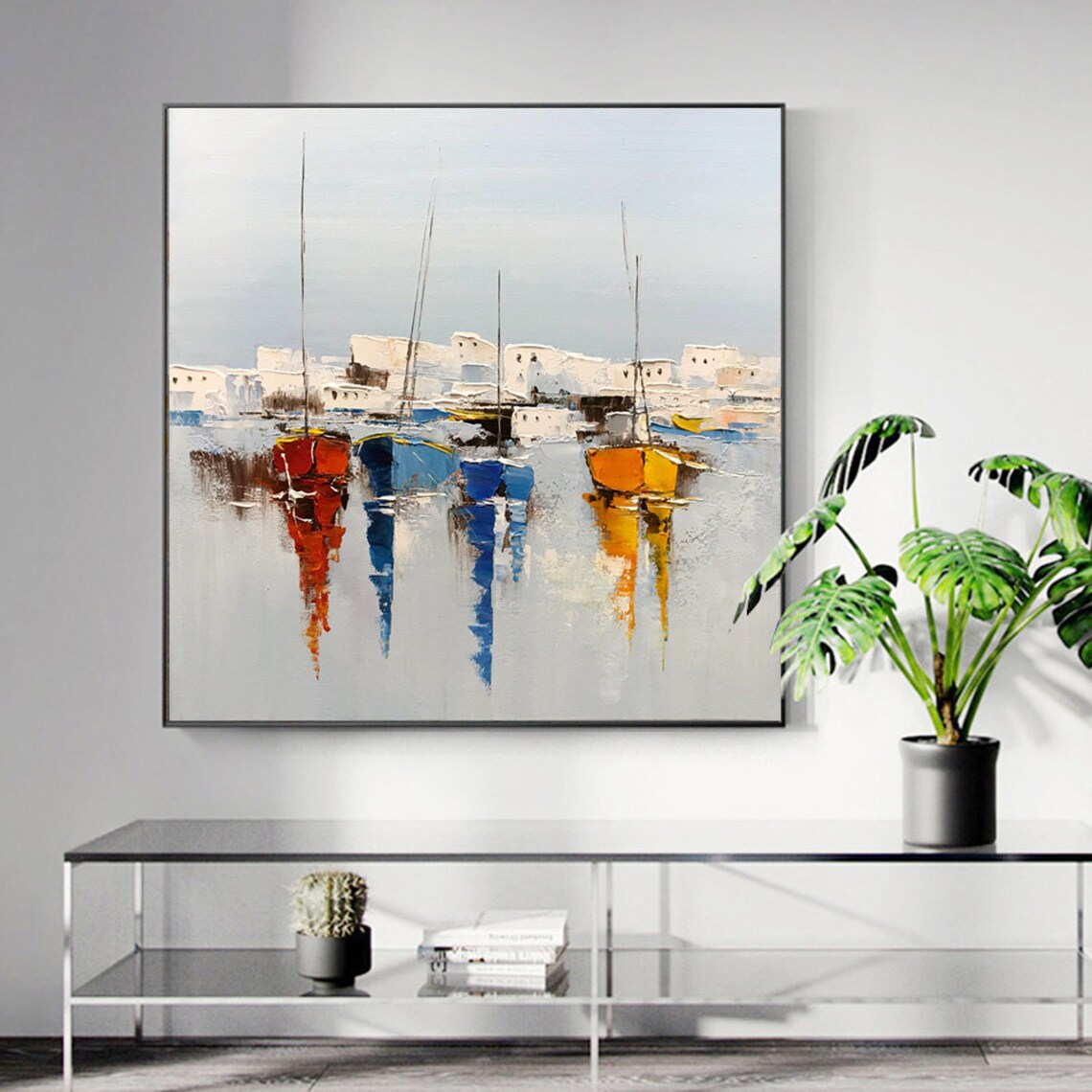 Sailboats in Harbor, Bright Blue Seascape Art Print - Image 5