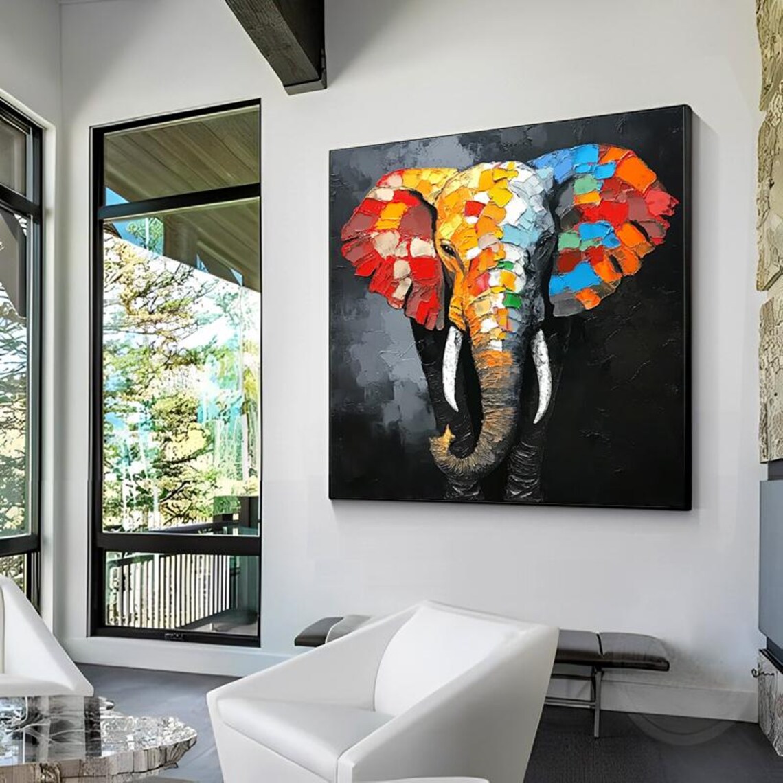 Colorful Mosaic Elephant Head On Deep Black Background Statement Art Poster - Image 2