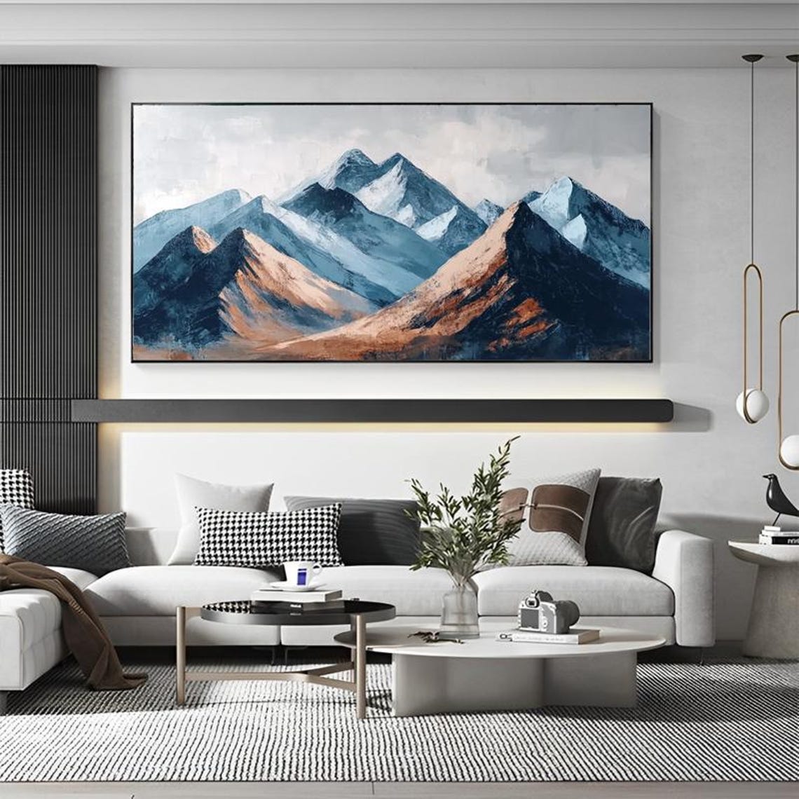 Blue Tan Mountain Peaks In Gradient Landscape Art Painting Poster - Image 6