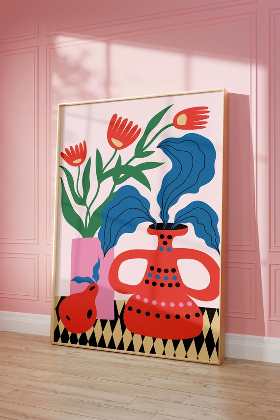 Abstract Floral Still Life Red Vase Retro Botanical Art Print