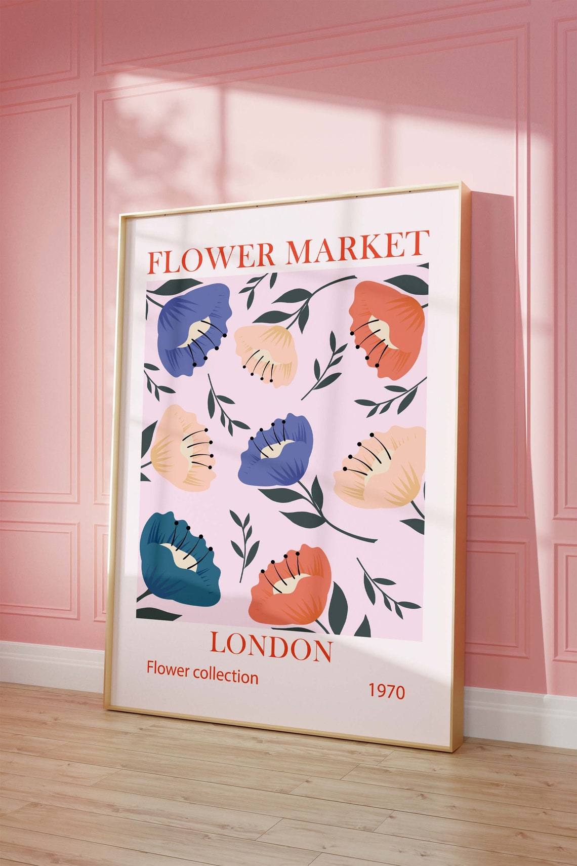 Flower Market London 1970 Scattered Floral Pattern Pink Poster