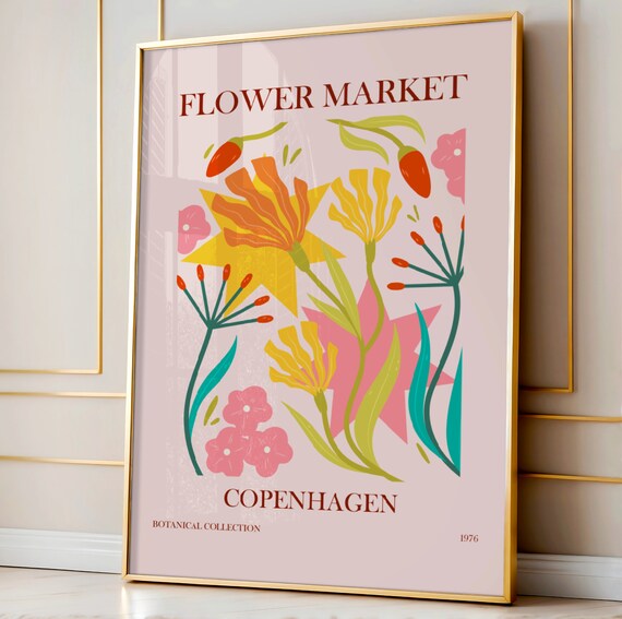Copenhagen Flower Market Botanical Poster with 1976 Vintage Floral Style