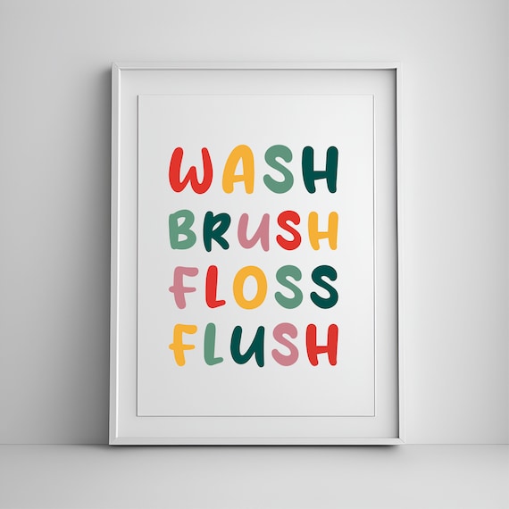 Wash Brush Floss Flush Kids Bathroom Routine Colorful Art Poster
