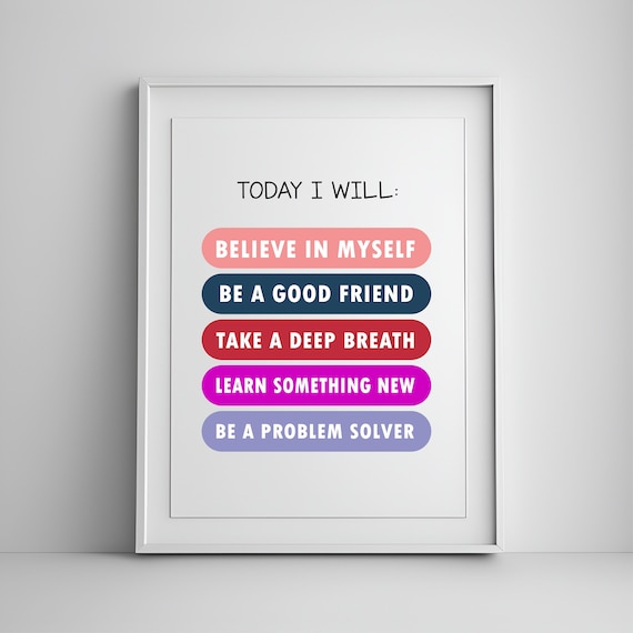Today I Will Kids Daily Affirmations Colorful Pill Chart Quote Poster