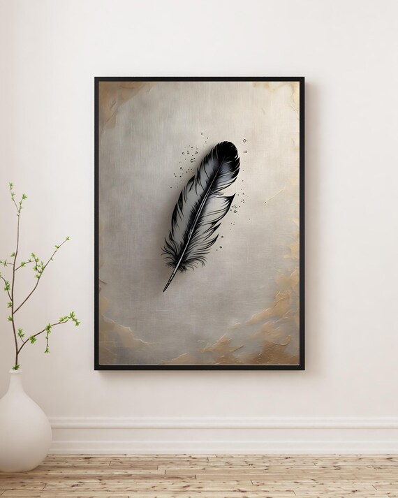 Single Black Feather Neutral Gold Abstract Minimalist Sketch Poster