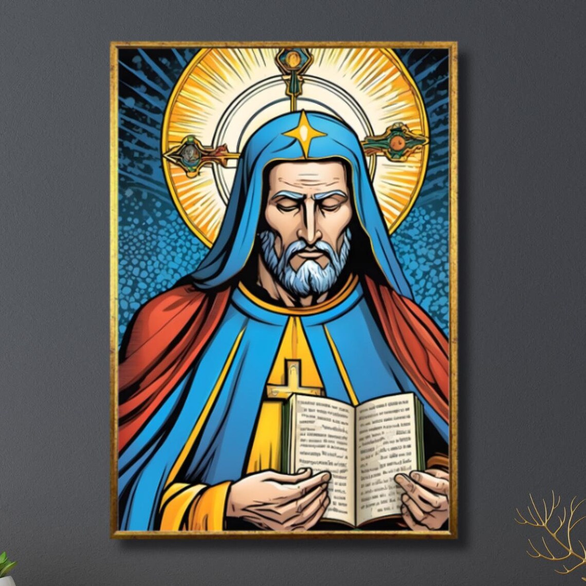 Saint Reading Open Bible Blue Red Robe Religious Wall Poster