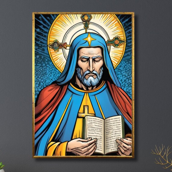 Saint Reading Open Bible Blue Red Robe Religious Wall Poster