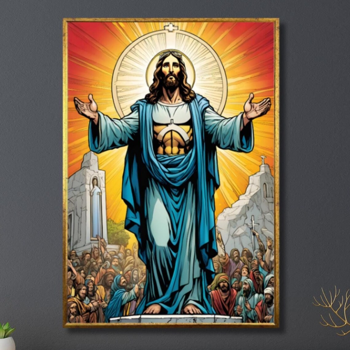 Jesus Christ Arms Outstretched Sunrise Crowd Religious Poster