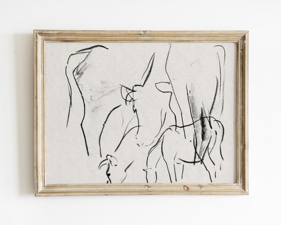 Minimalist Cow Sketch Art Print, Vintage Farm Art