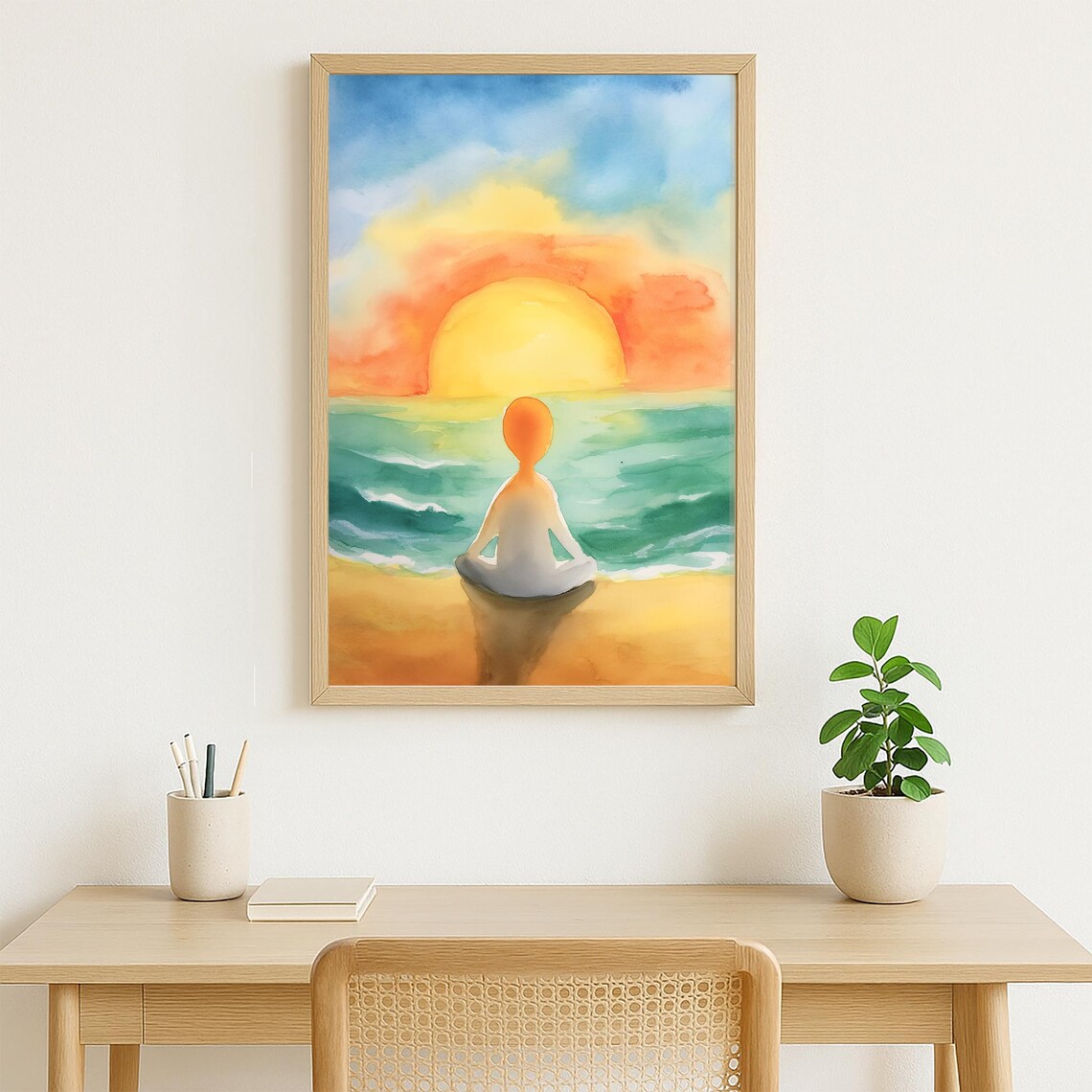 Woman Meditating On Beach At Sunset Watercolor Ocean Yoga Poster - Image 4