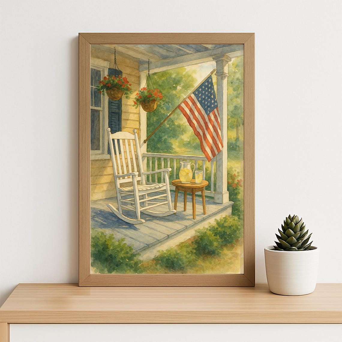 Rustic Front Porch With American Flag Rocking Chair Summer Poster - Image 4