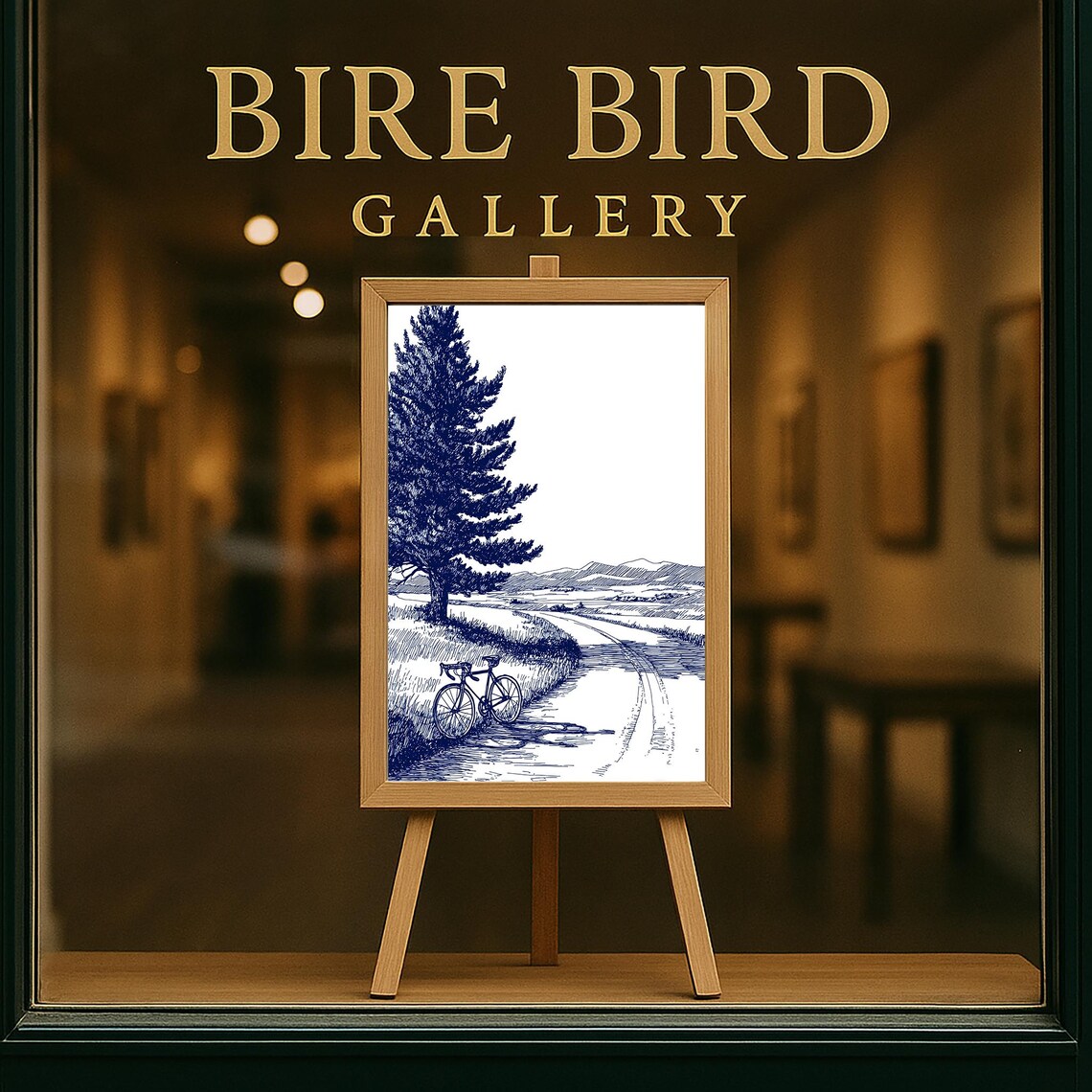 Blue Ink Bicycle Winding Country Road Tall Pine Sketch Poster - Image 5