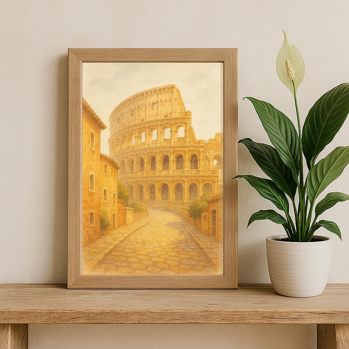 Rome Colosseum Watercolor Golden Cobblestone Street Italy Poster - Image 3