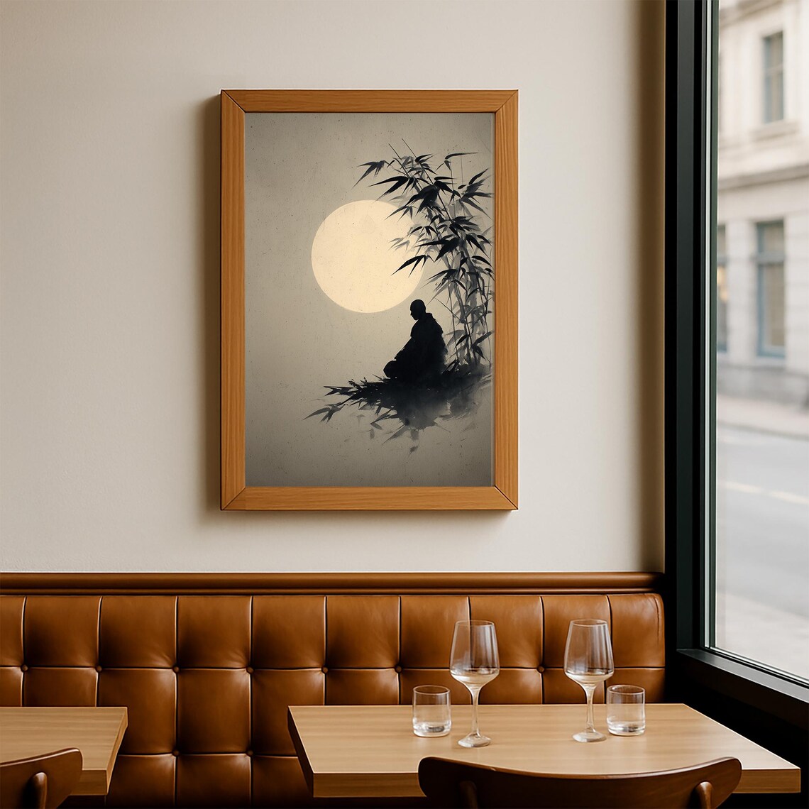 Zen Monk Bamboo Moon Japanese Ink Wash Poster - Image 2