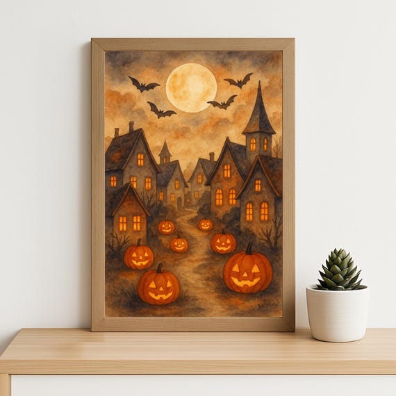 Pumpkin Halloween Village Art Print Spooky Watercolor Haunted Town Illustration With Jackolanterns And Full Moon Glow