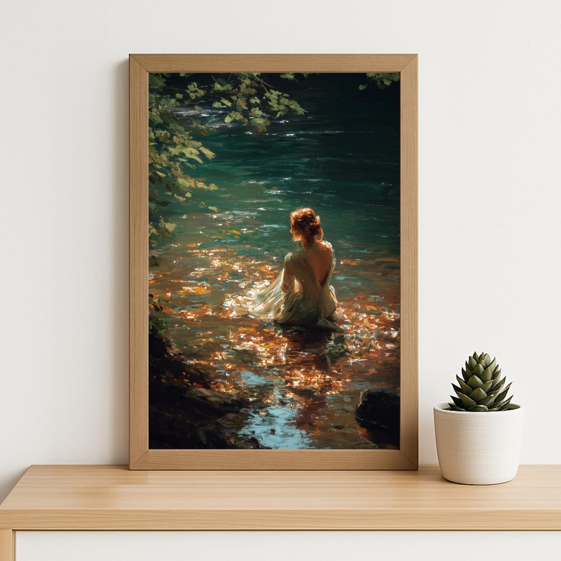 Woman in Flowing Dress at Sunlit Forest Stream Impressionist Poster
