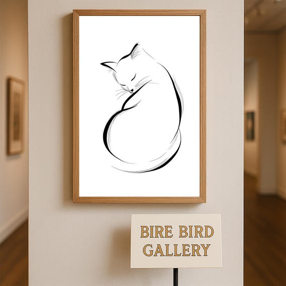 Minimalist Cat Line Art Elegant Black And White Sleeping Kitty Ink Drawing Zen Animal Wall Decor For Modern Or Japandi Style Interiors