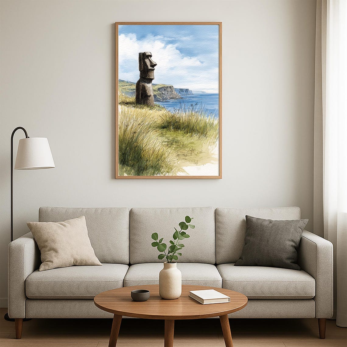 Easter Island Moai Statue Coastal Cliff Watercolor Sketch Wall Art - Image 4