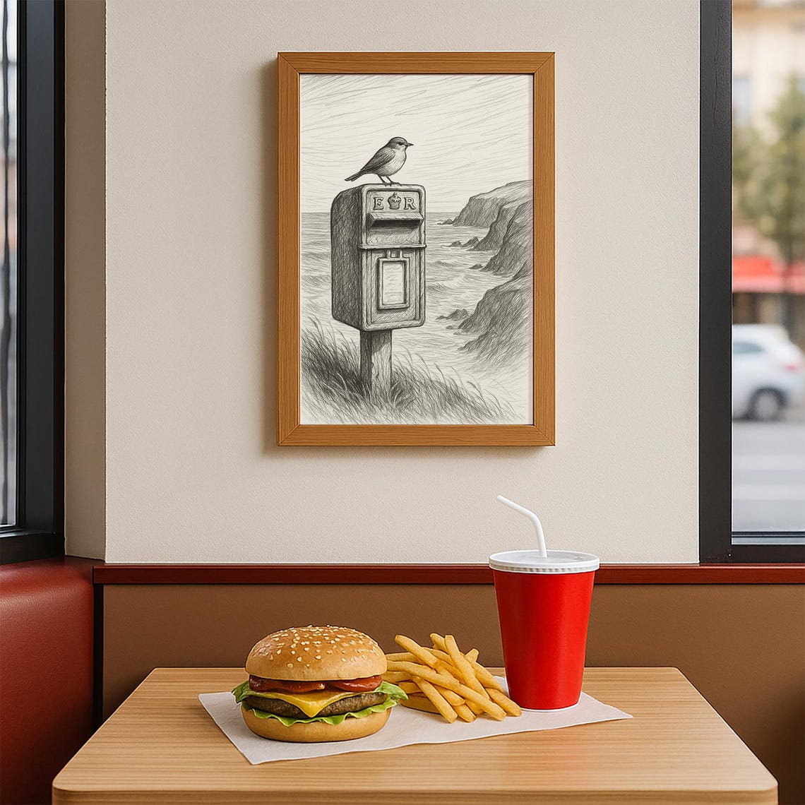 Bird on Postbox Sea Cliffs Pencil Sketch Coastal Drawing Poster - Image 3