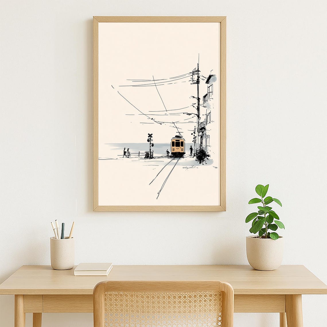 Seaside Tram Sketch Ink Drawing Coastal Line Minimal Art Poster - Image 4