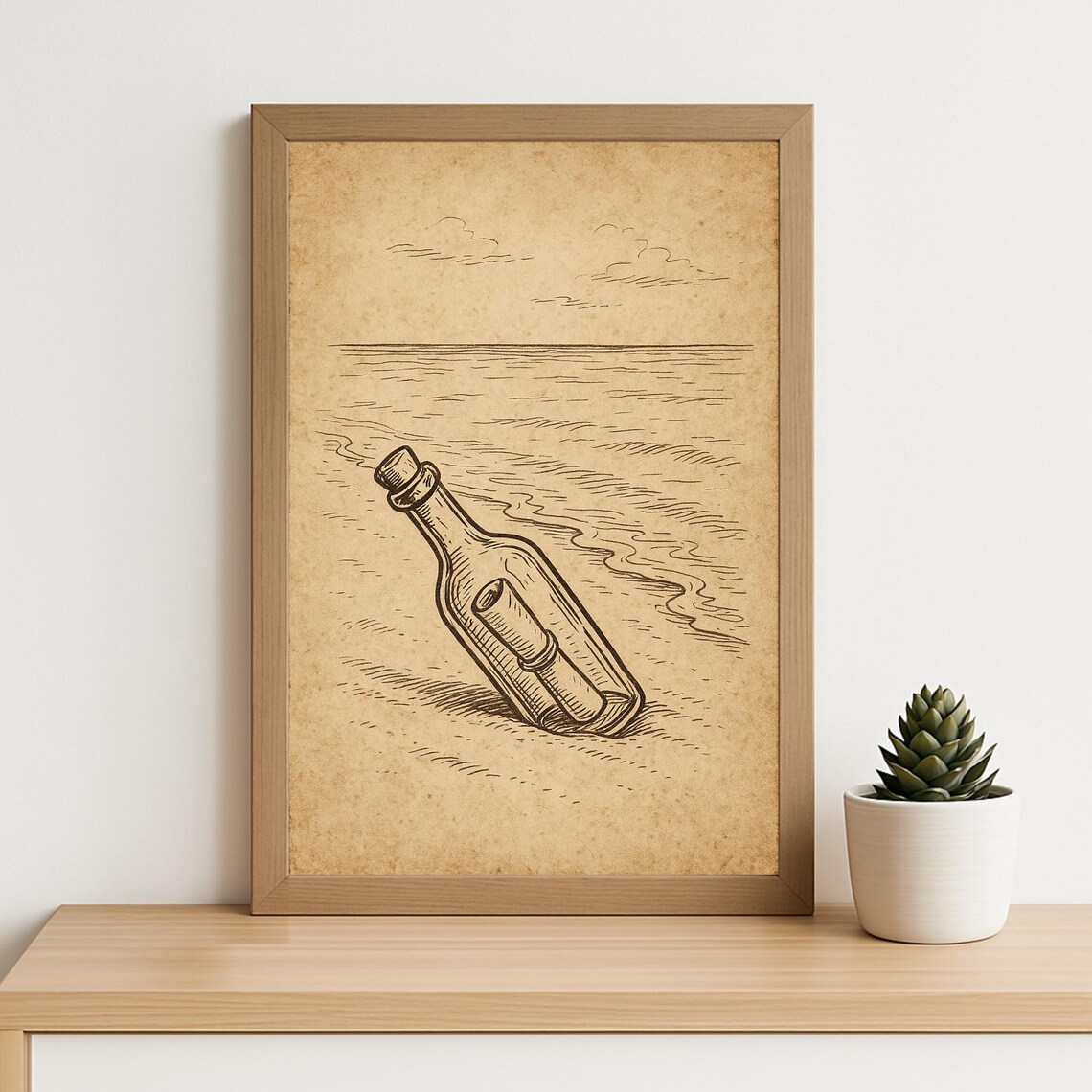 Message in a Bottle Vintage Line Art Poster with Ocean Shore and Scroll