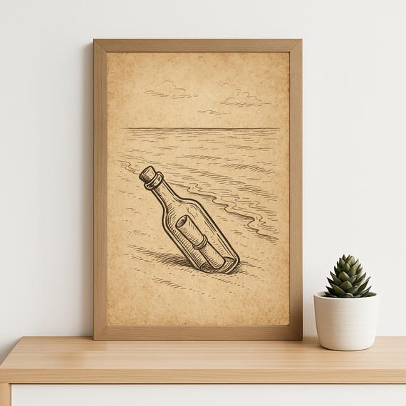 Vintage Message In A Bottle Illustration Print Nautical Line Art Coastal Wall Decor Retro Ocean Drawing