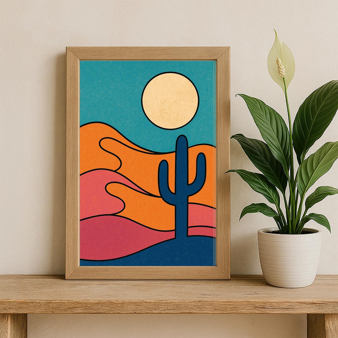 Retro Desert Sunset With Saguaro Cactus Minimalist Boho Dunes Poster - Image 2