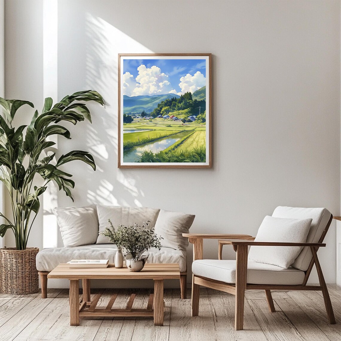 Japanese Countryside Rice Paddies Watercolor Village Mountain Poster - Image 2