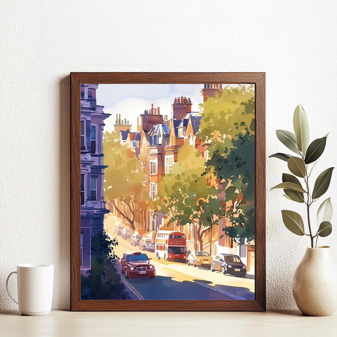 London Red Double Decker Bus Street Watercolor City Scene Poster