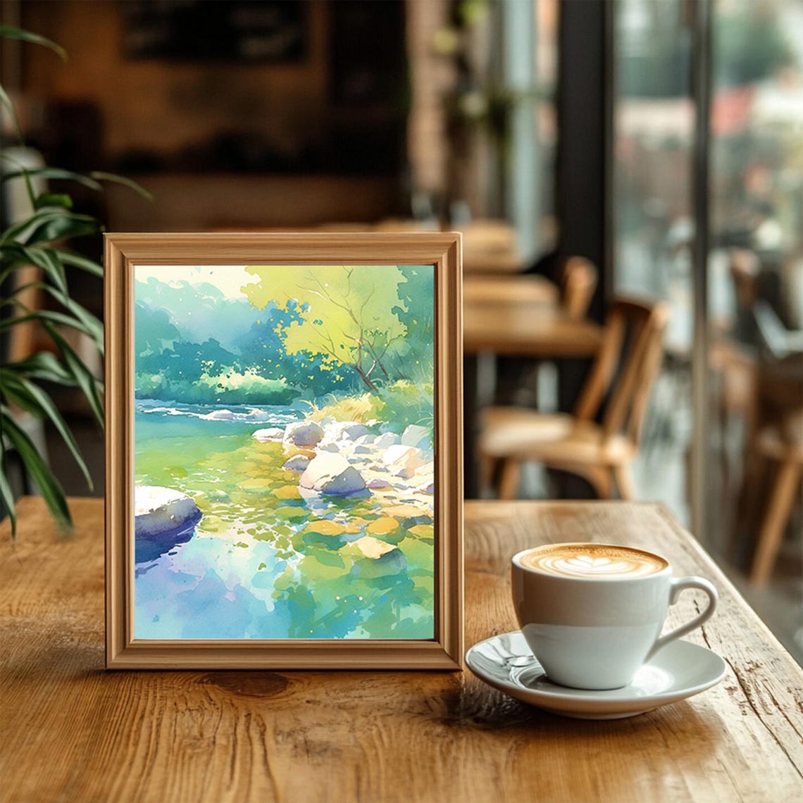 Sunlit Forest Stream Rocks Watercolor Peaceful Nature Wall Art - Image 2