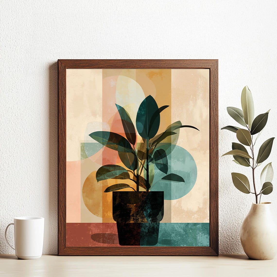 Mid Century Potted Plant on Abstract Geometric Background Poster