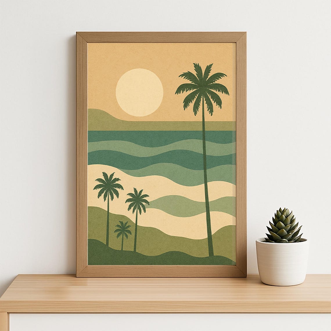 Mid Century Palm Trees Sunset Beach Minimalist Tropical Art Poster