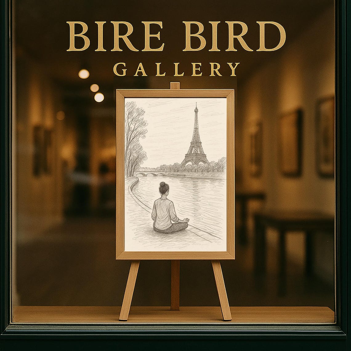 Paris Woman Meditating Seine Eiffel Tower Pencil Sketch Wall Art - Image 5