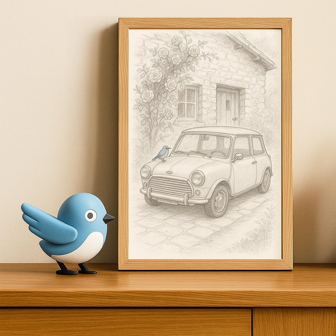Vintage Mini Car Bluebird Cottage Roses Pencil Sketch Wall Art - Image 4