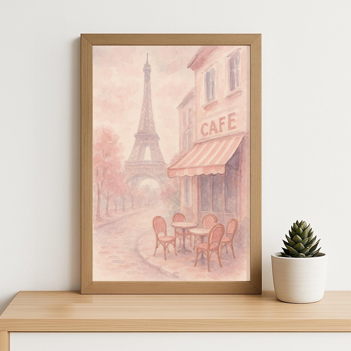 Paris Cafe With Eiffel Tower Romantic Pink Watercolor French Poster