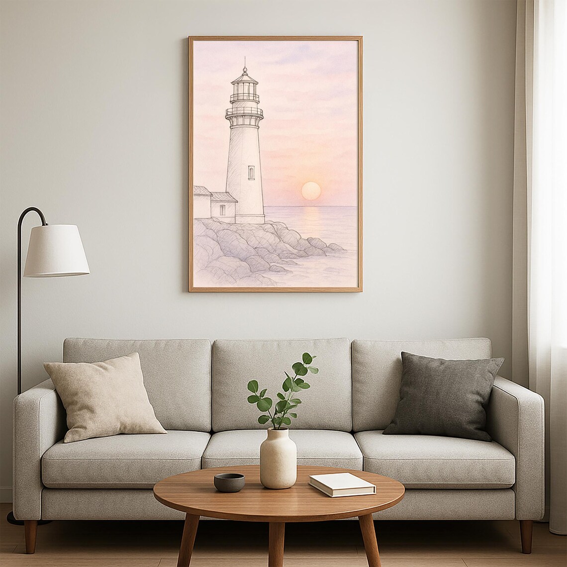 Lighthouse Sunset Pink Watercolor Ocean Rocks Serene Scene Poster - Image 3