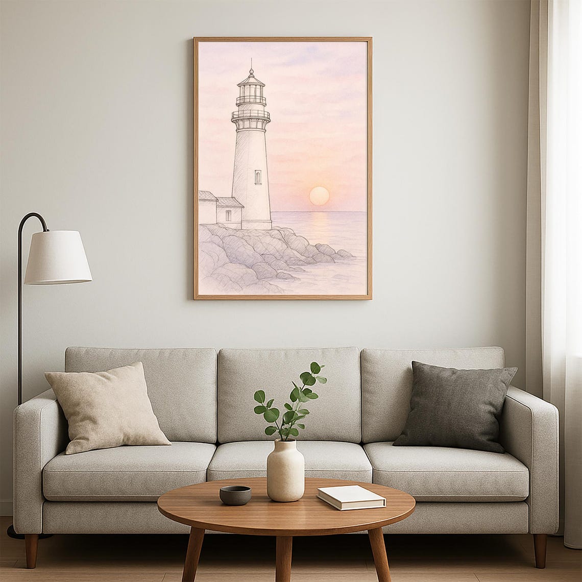 Lighthouse Sunset Wall Art Soft Sketch Coastal Illustration Serene Nautical Decor Tranquil Ocean View Poster - Image 3