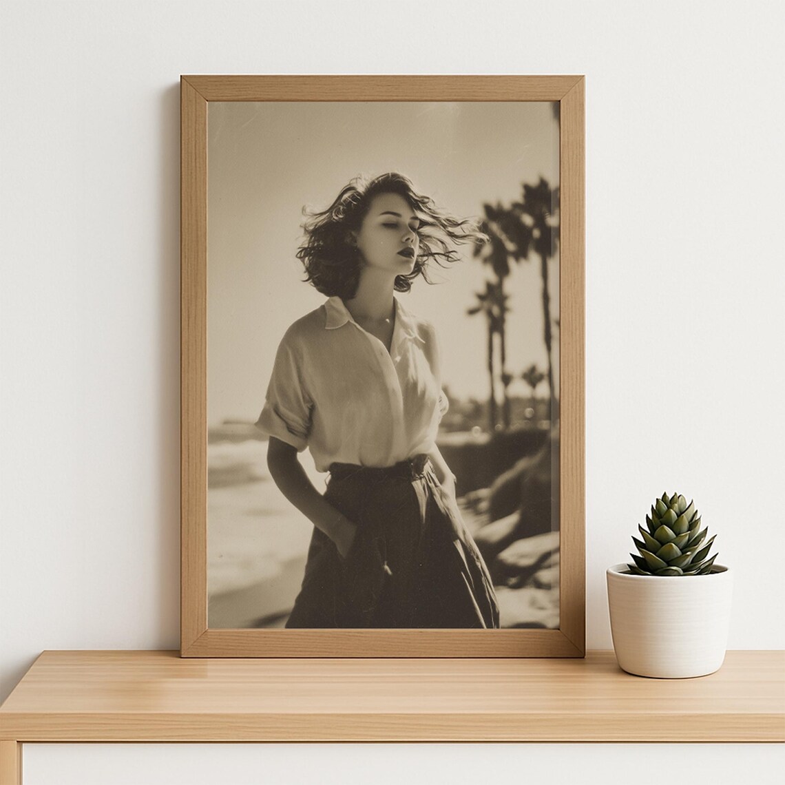 Vintage Beach Woman Photo Print 1950s Windy Retro Coastal Portrait Style